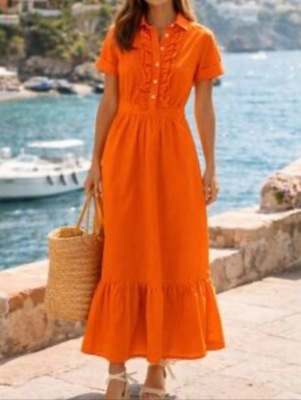 New J Crew Womens Sz 10 Ruffle Front Midi Dress Cotton Poplin Orange Resortwear